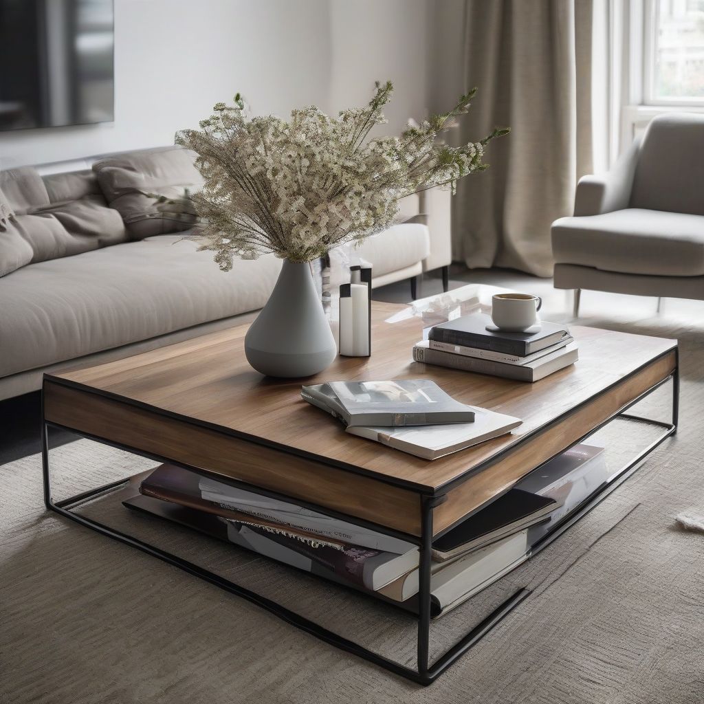 Modern Coffee Table with Metal Frame and Wooden Top